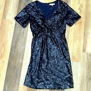 Navy sequin v neck midi dress
